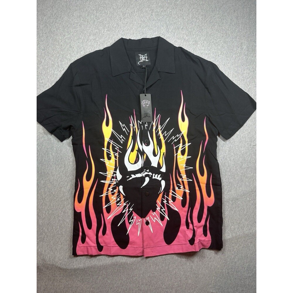Ed Hardy Heart & Flames Tattoo Black Pink Button Down Logo Shirt Men sz Small‎
